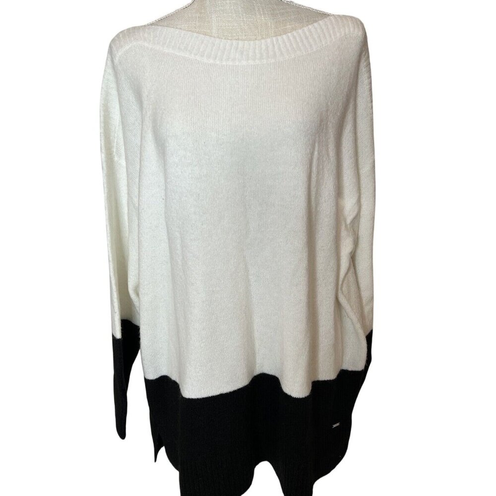 DKNY Womens XL White & Black Colorblock Sweater Pullover Long Sleeves Ribbed Hem